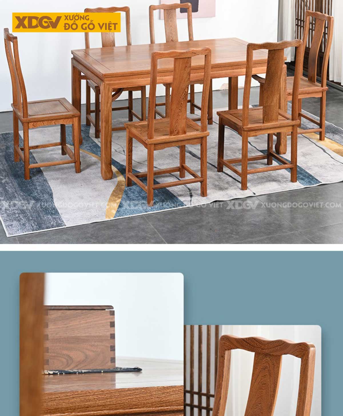 Bộ Bàn Ăn 6 Ghế Gỗ Gõ Đỏ Á Đông Tối Giản Chân Móng Ngựa