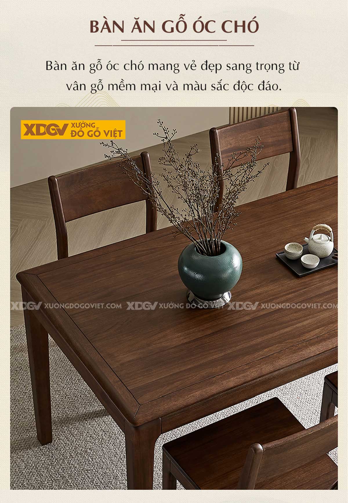 Bộ Bàn Ăn 6 Ghế Gỗ Óc Chó Hiện Đại Cổ Điển Kết Cấu Liền Mạch