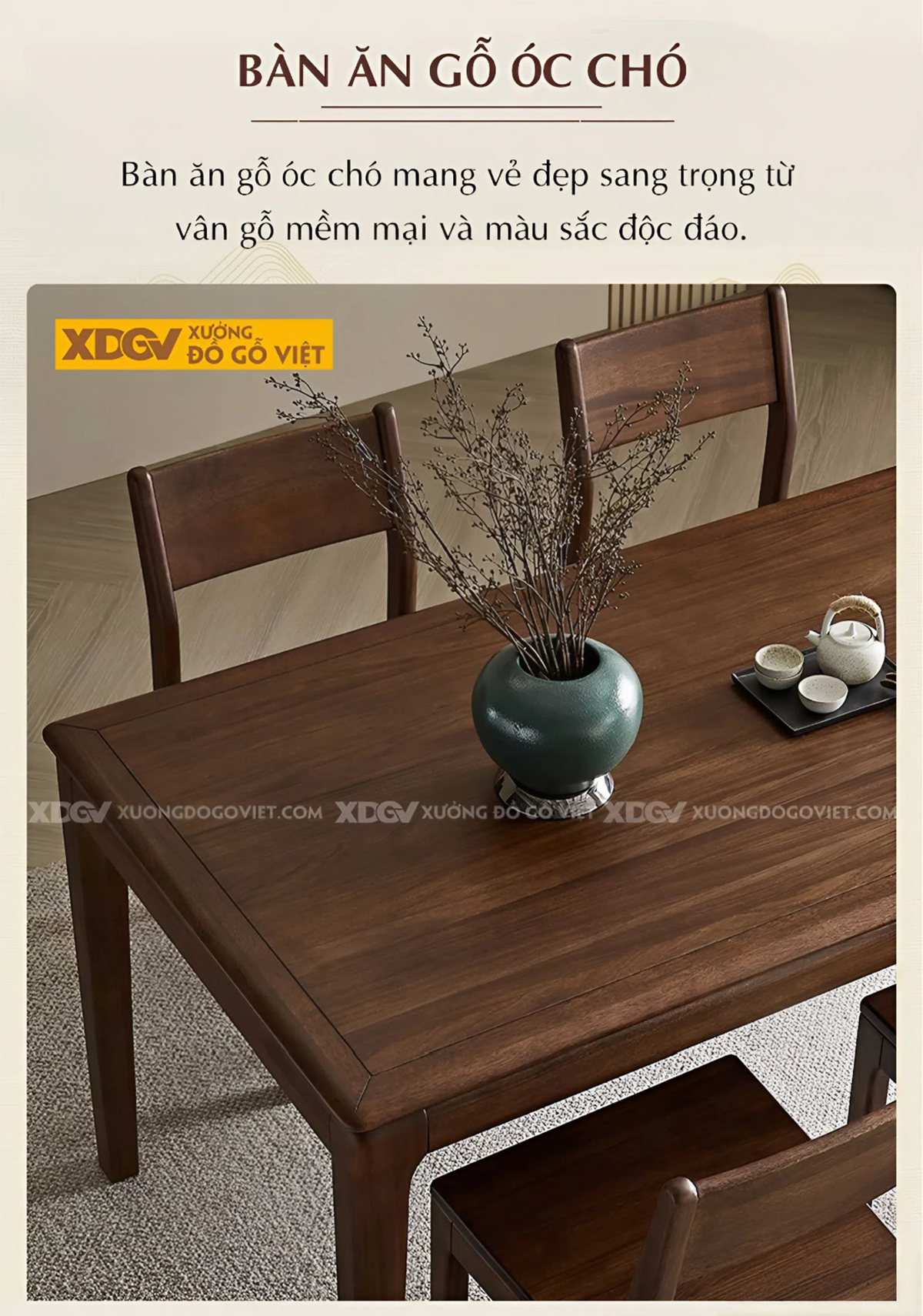 Bộ Bàn Ăn 6 Ghế Gỗ Óc Chó Hiện Đại Cổ Điển Kết Cấu Liền Mạch