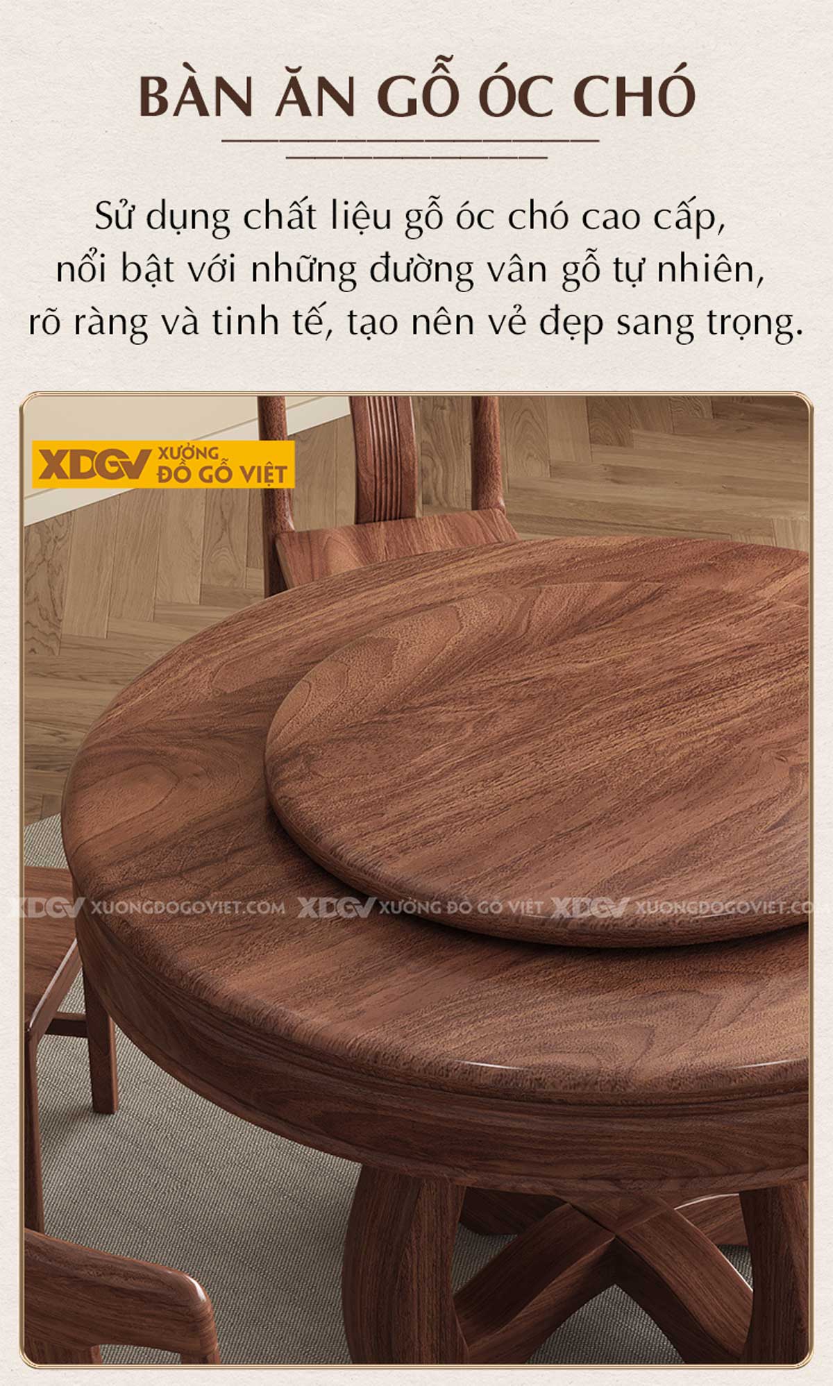 Bộ Bàn Ăn 6 Ghế Gỗ Óc Chó Tân Cổ Điển Chân Trụ Có Mâm Xoay