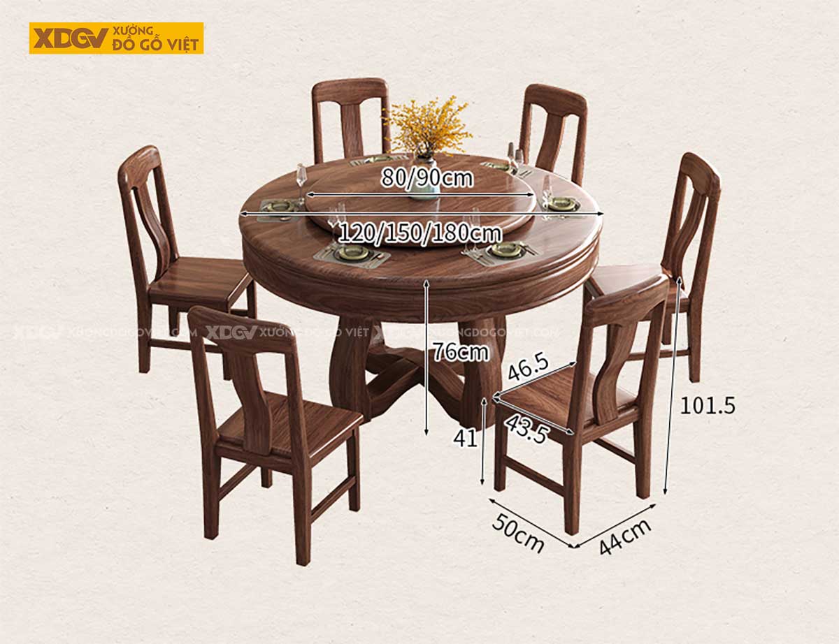 Bộ Bàn Ăn 6 Ghế Gỗ Óc Chó Tân Cổ Điển Chân Trụ Có Mâm Xoay