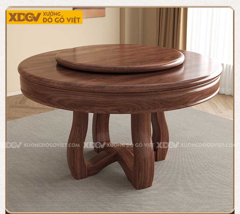 Bộ Bàn Ăn 6 Ghế Gỗ Óc Chó Tân Cổ Điển Chân Trụ Có Mâm Xoay