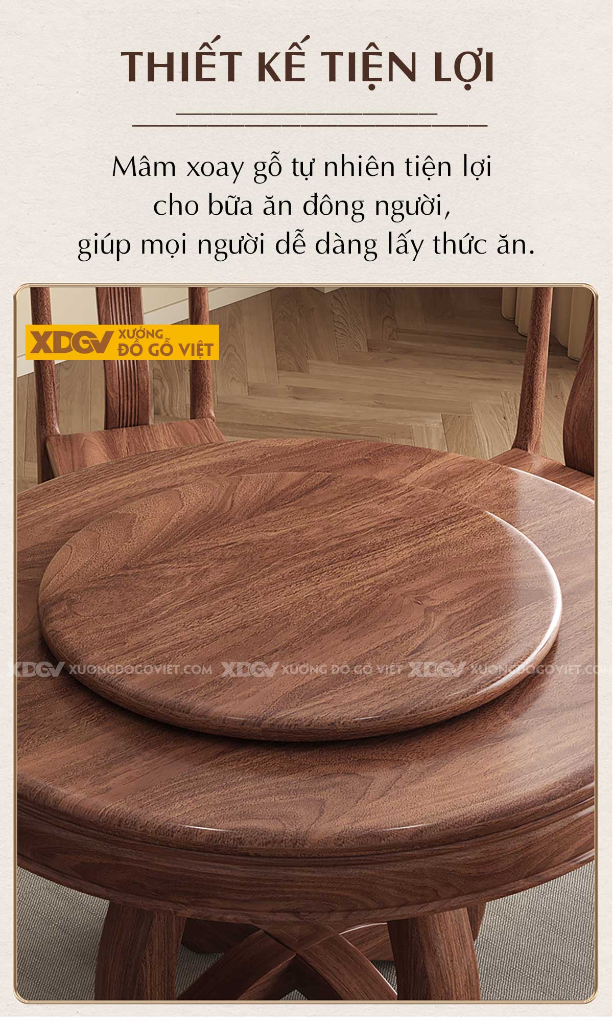 Bộ Bàn Ăn 6 Ghế Gỗ Óc Chó Tân Cổ Điển Chân Trụ Có Mâm Xoay
