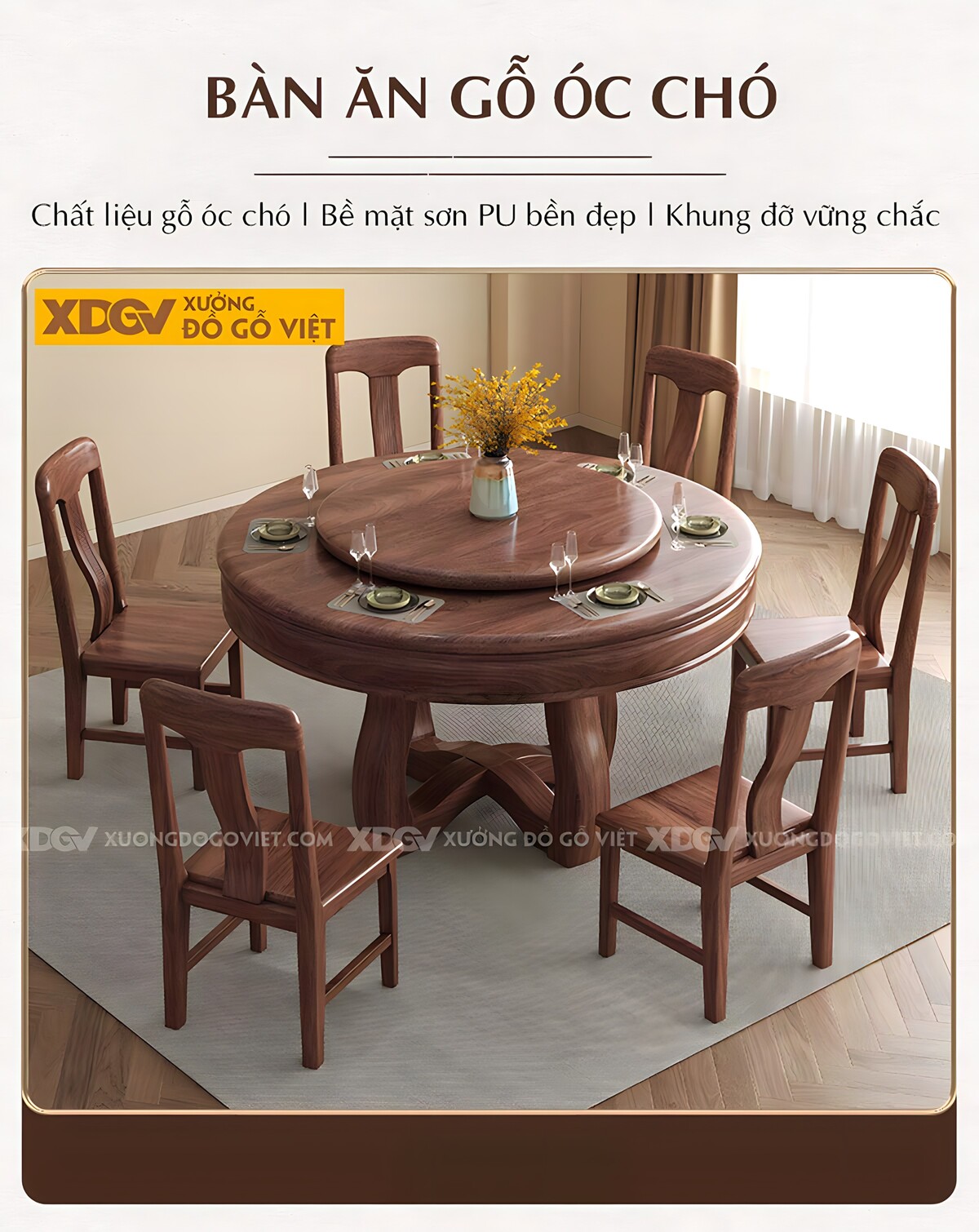 Bộ Bàn Ăn 6 Ghế Gỗ Óc Chó Tân Cổ Điển Chân Trụ Có Mâm Xoay