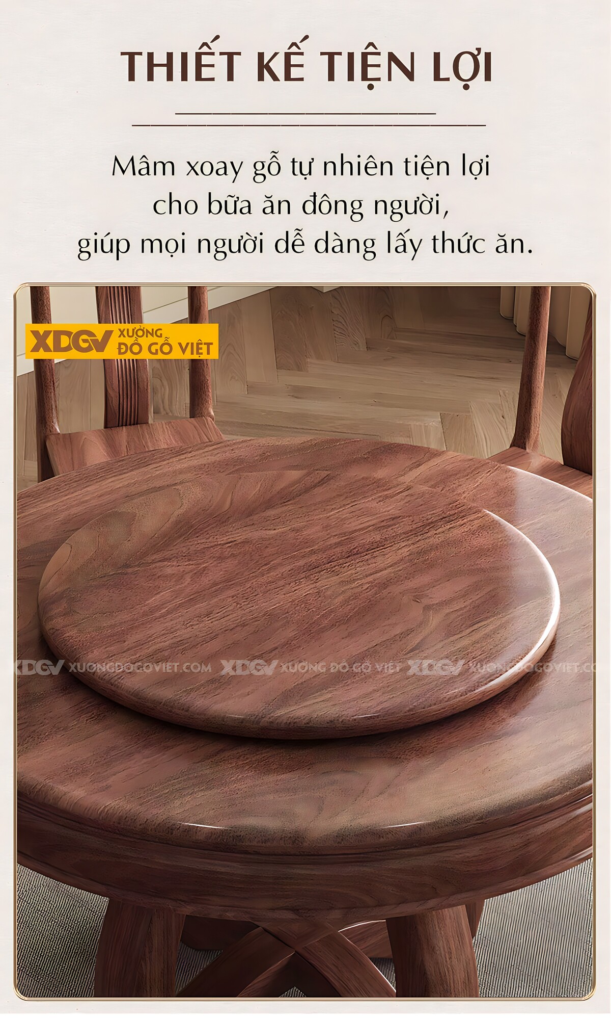 Bộ Bàn Ăn 6 Ghế Gỗ Óc Chó Tân Cổ Điển Chân Trụ Có Mâm Xoay