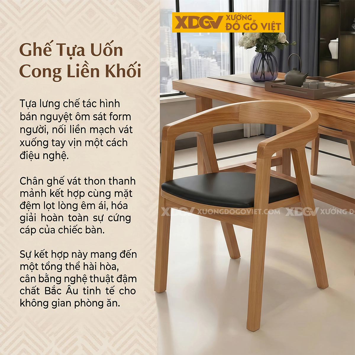 Bộ Bàn Ăn Gõ Đỏ 4 Ghế Lưng Bo Cong Chuẩn Bắc Âu Hiện Đại