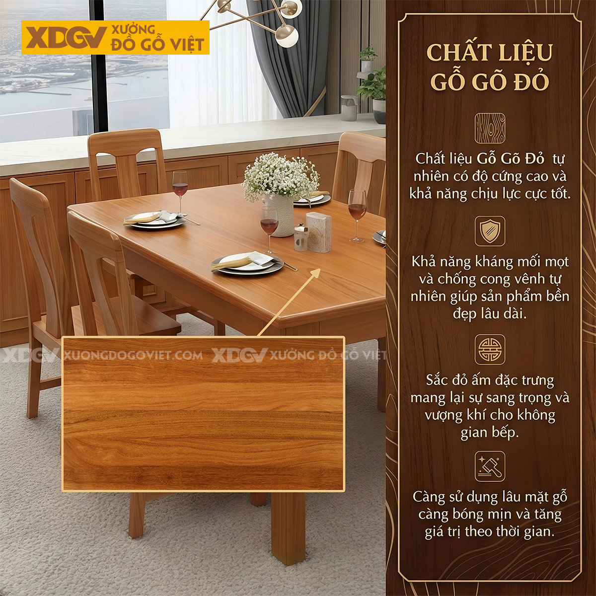 Bộ Bàn Ăn Gõ Đỏ 6 Ghế Phong Cách Á Đông Hiện Đại