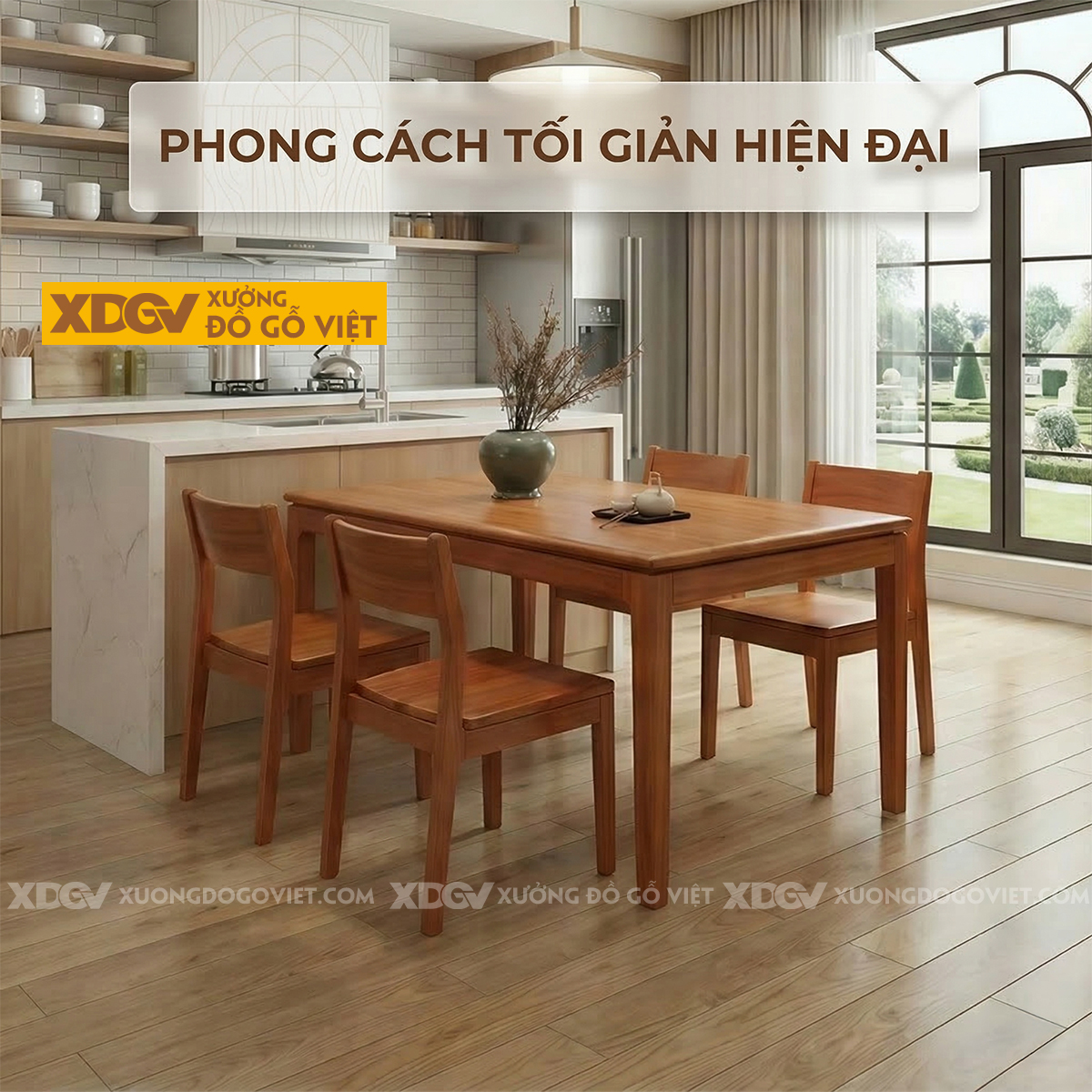 Bộ Bàn Ăn Gỗ Gõ Đỏ 4 Ghế Thiết Kế Đơn Giản Cho Gia Đình