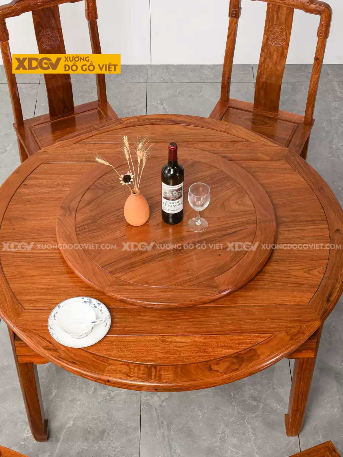 Bộ Bàn Ăn Gỗ Gõ Đỏ 6 Ghế Bàn Tròn Đa Năng Tích Hợp Mâm Xoay