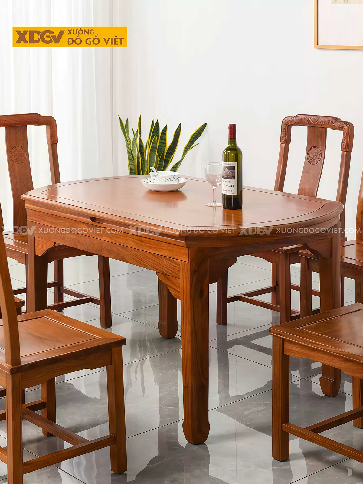Bộ Bàn Ăn Gỗ Gõ Đỏ 6 Ghế Bàn Tròn Đa Năng Tích Hợp Mâm Xoay