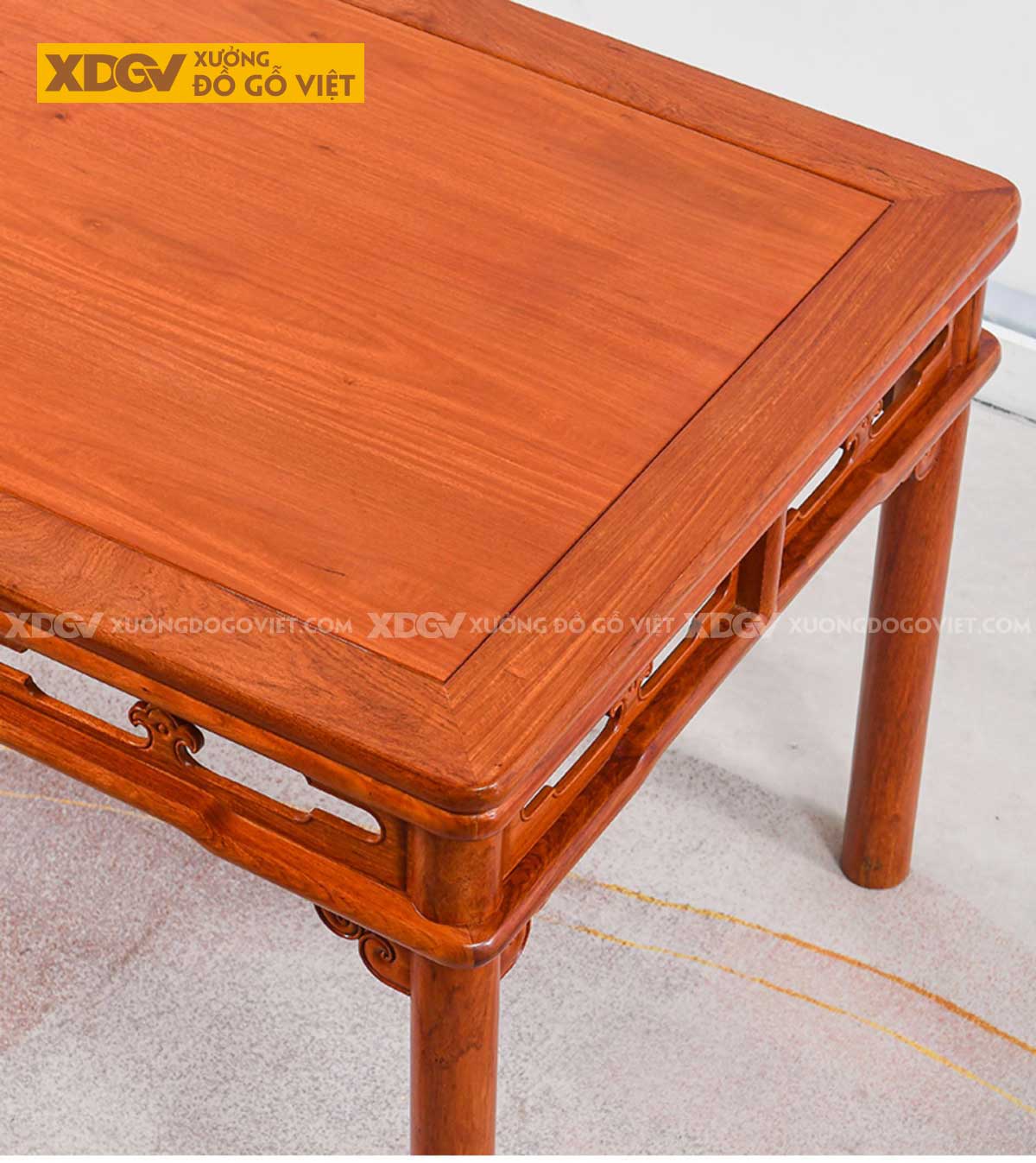 Bộ Bàn Ăn Gỗ Gõ Đỏ 6 Ghế Quan Mạo Dạ Bàn Họa Tiết Linh Chi