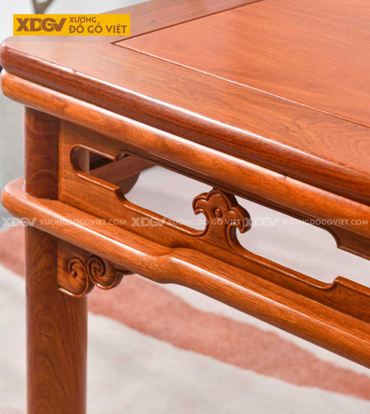 Bộ Bàn Ăn Gỗ Gõ Đỏ 6 Ghế Quan Mạo Dạ Bàn Họa Tiết Linh Chi