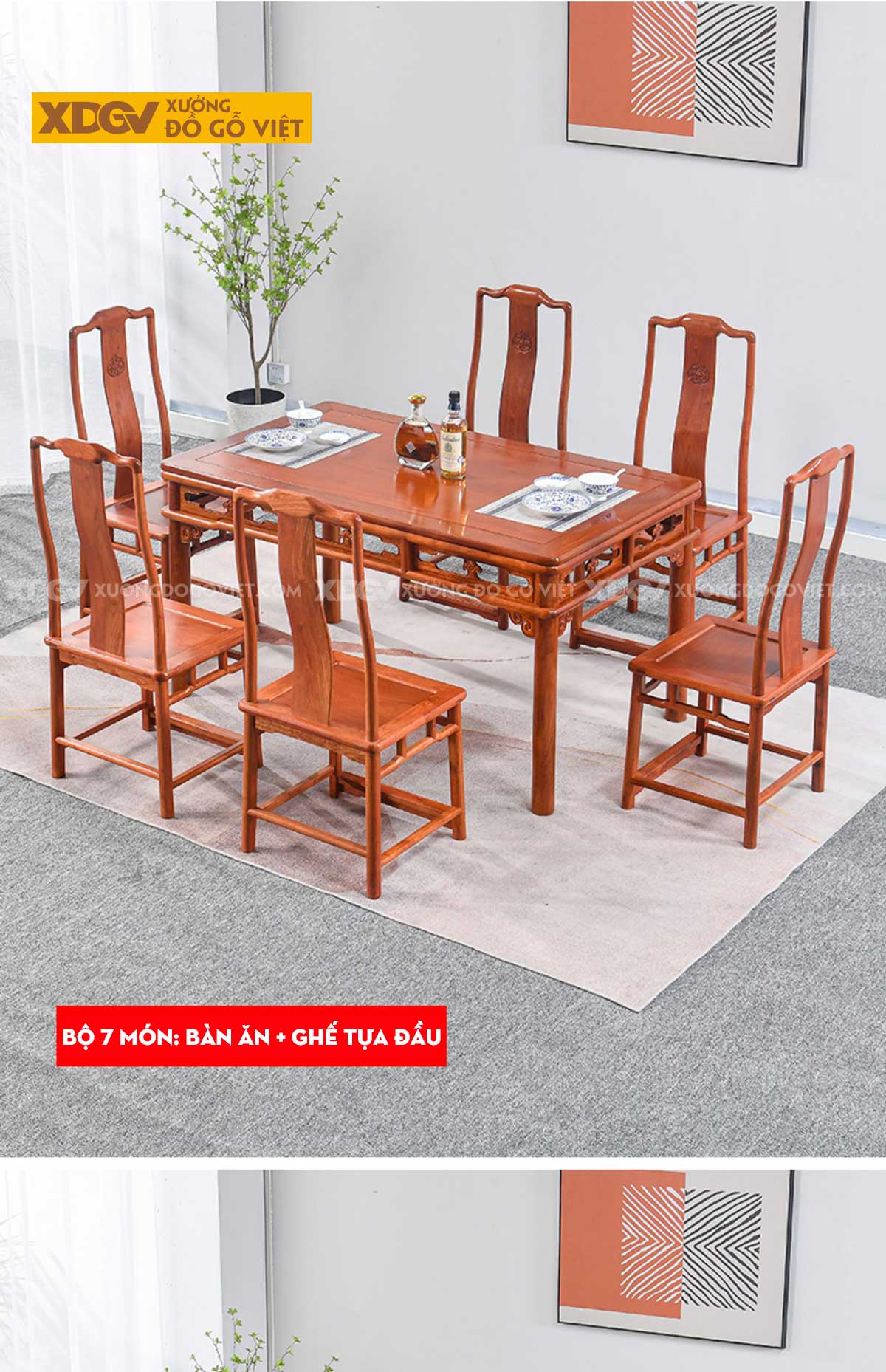 Bộ Bàn Ăn Gỗ Gõ Đỏ 6 Ghế Quan Mạo Dạ Bàn Họa Tiết Linh Chi