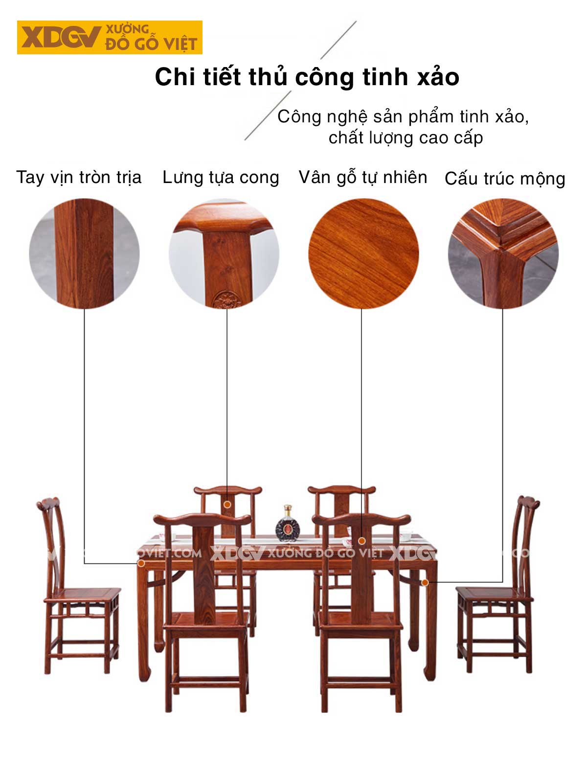 Bộ Bàn Ăn Gỗ Gõ Đỏ Á Đông 6 Ghế Kiểu Dáng Mũ Quan Cao Cấp