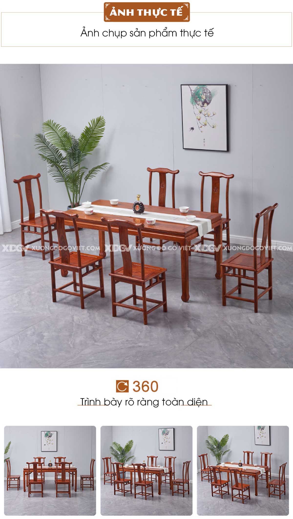 Bộ Bàn Ăn Gỗ Gõ Đỏ Á Đông 6 Ghế Kiểu Dáng Mũ Quan Cao Cấp
