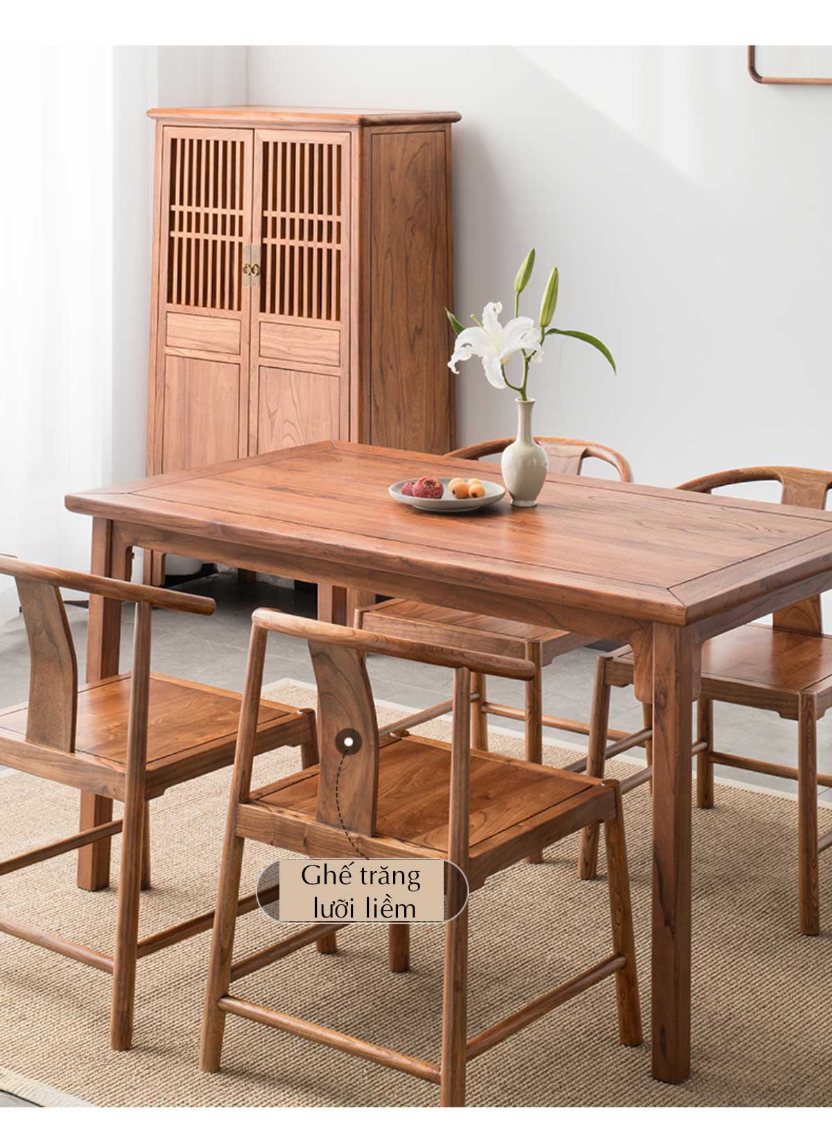 Bộ Bàn Ăn Gỗ Gõ Đỏ Á Đông Ghế Vọng Nguyệt Không Tay Vịn