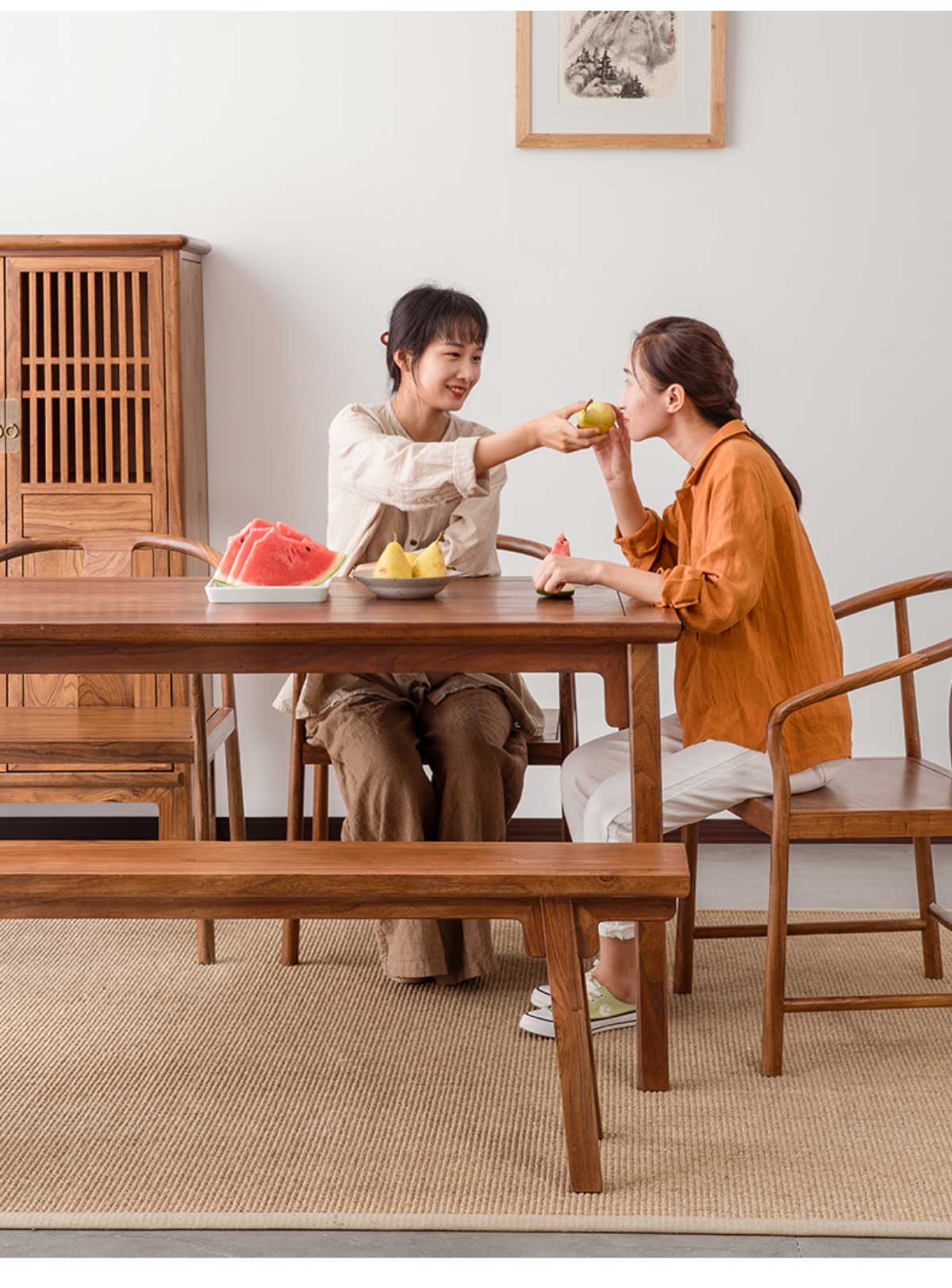 Bộ Bàn Ăn Gỗ Gõ Đỏ Á Đông Ghế Vọng Nguyệt Không Tay Vịn