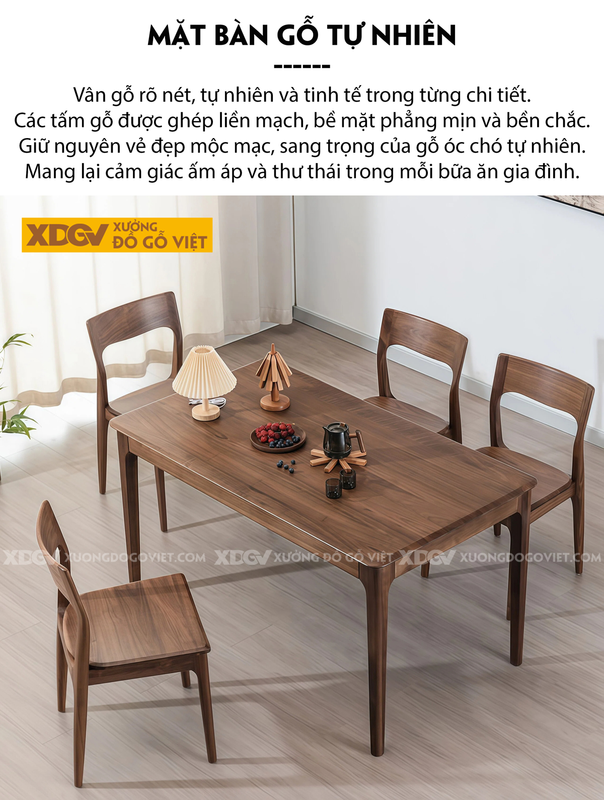 Bộ Bàn Ăn Gỗ Óc Chó 4 Ghế Hiện Đại Thiết Kế Bo Cong Ôm Trọn