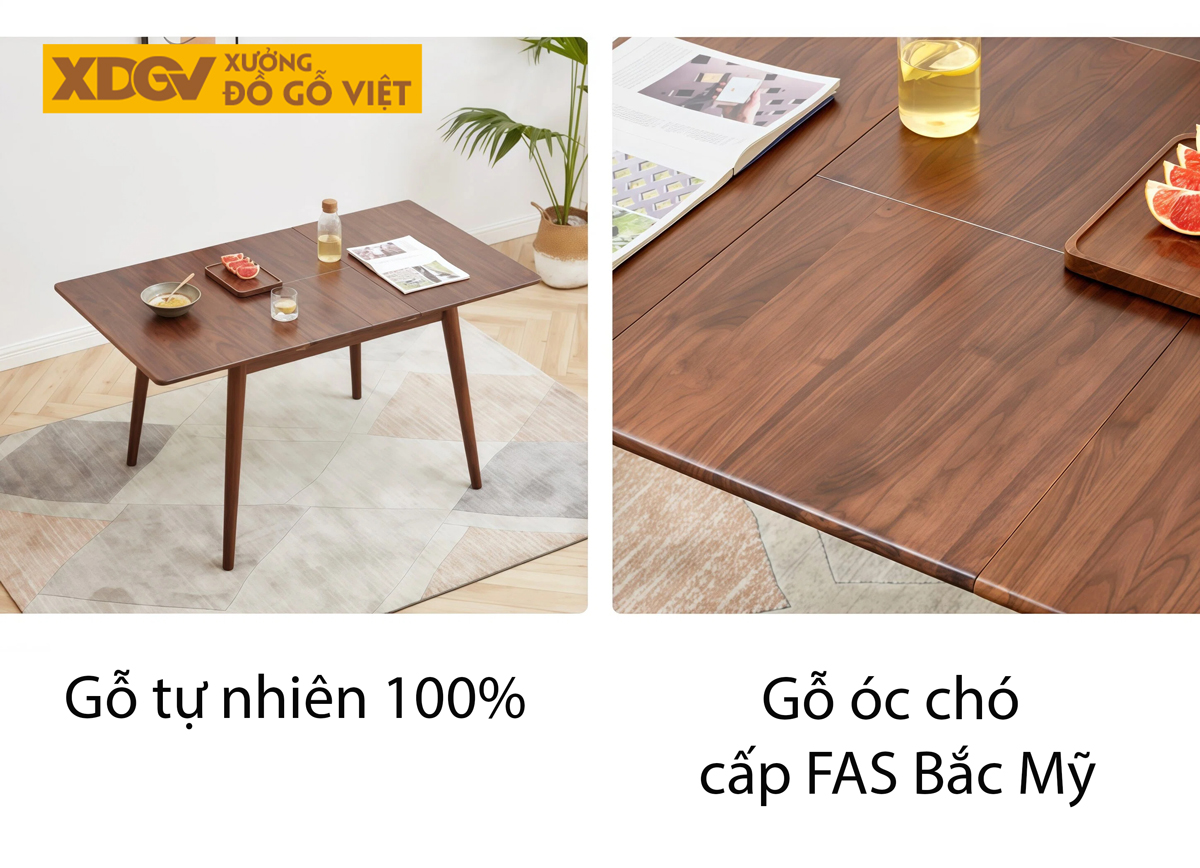 Bộ Bàn Ăn Gỗ Óc Chó 4 Ghế Hiện Đại Thiết Kế Bo Cong Ôm Trọn