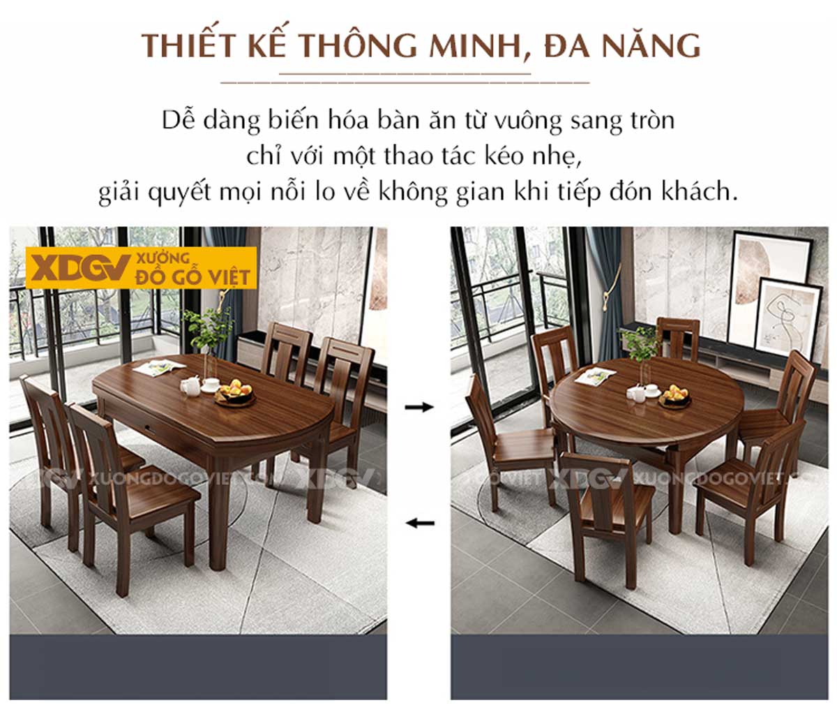 Bộ Bàn Ăn Gỗ Óc Chó 6 Ghế Mở Rộng Diện Tích Linh Hoạt
