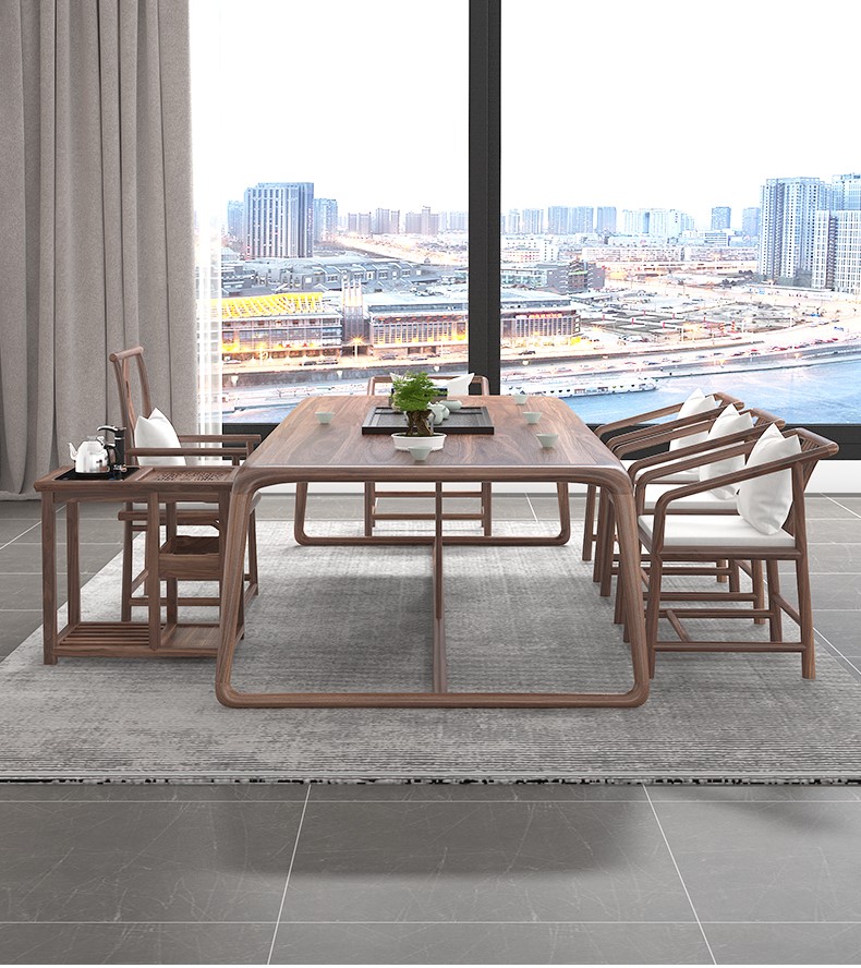 Bộ Bàn Ăn Gỗ Óc Chó 6 Ghế Tân Cổ Điển Á Đông Chân Khung Vòm
