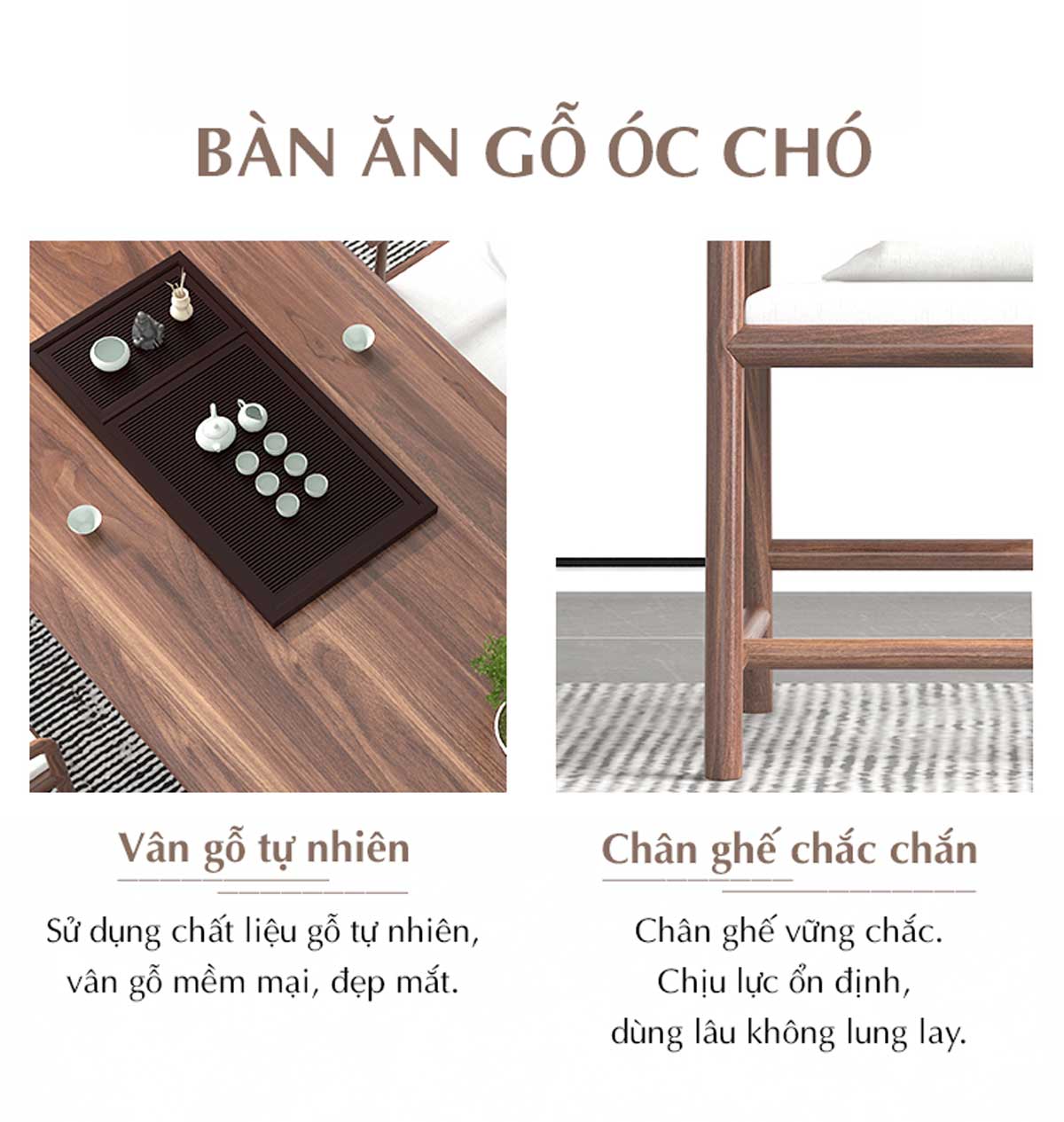 Bộ Bàn Ăn Gỗ Óc Chó 6 Ghế Tân Cổ Điển Á Đông Chân Khung Vòm