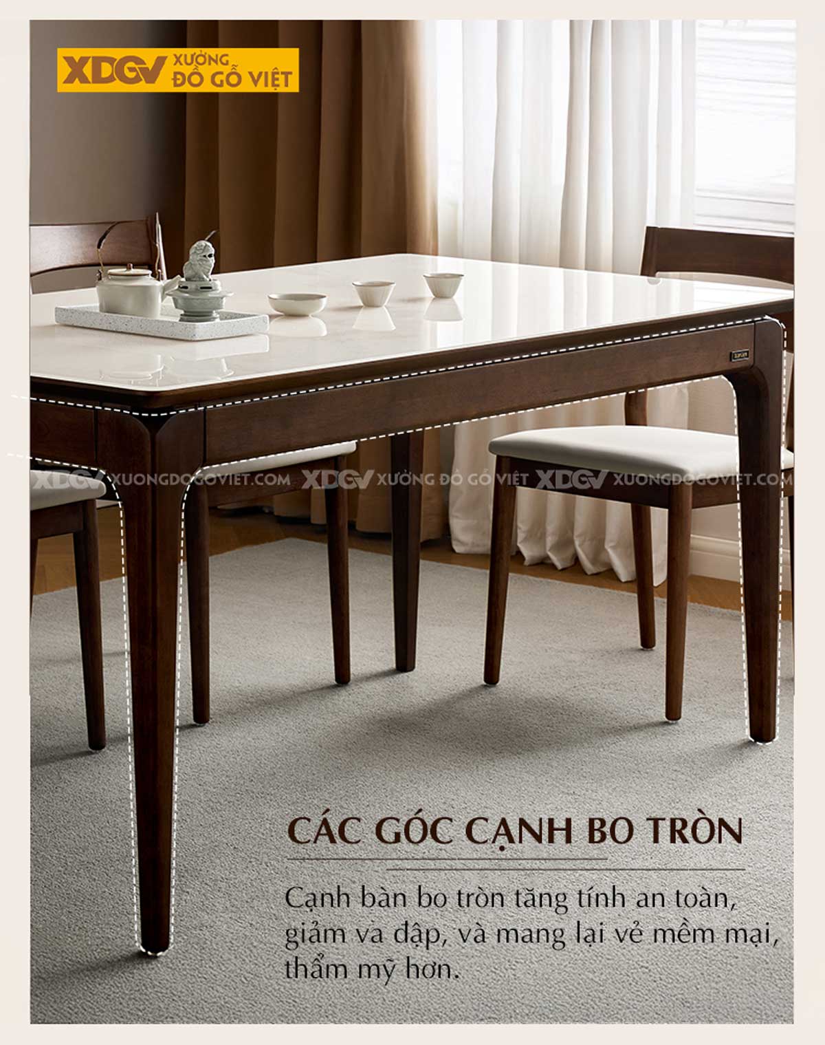 Bộ Bàn Ăn Gỗ Óc Chó Mặt Đá Trắng Hiện Đại Ghế Bọc Nệm