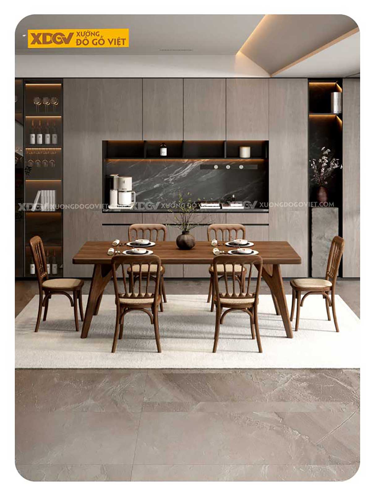 Bộ Bàn Ăn Gỗ Óc Chó Nguyên Tấm Chân Chữ Y Ghế Đan Mây