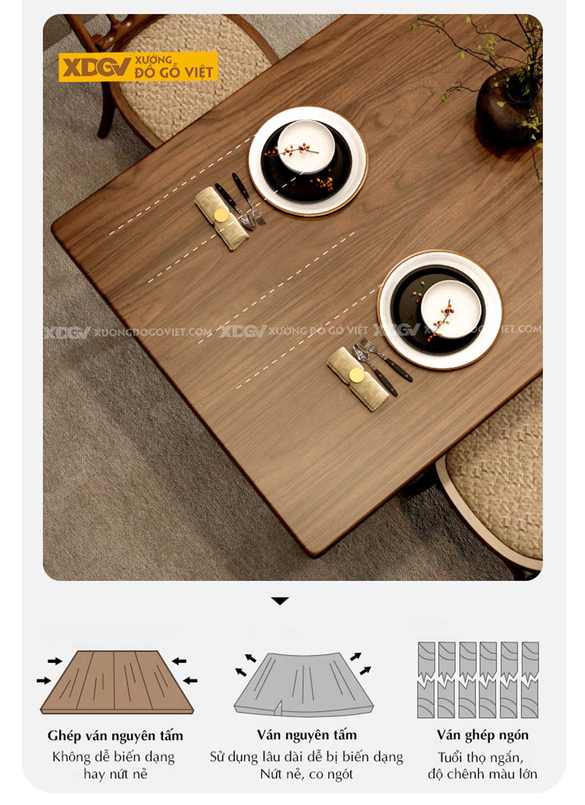 Bộ Bàn Ăn Gỗ Óc Chó Nguyên Tấm Chân Chữ Y Ghế Đan Mây