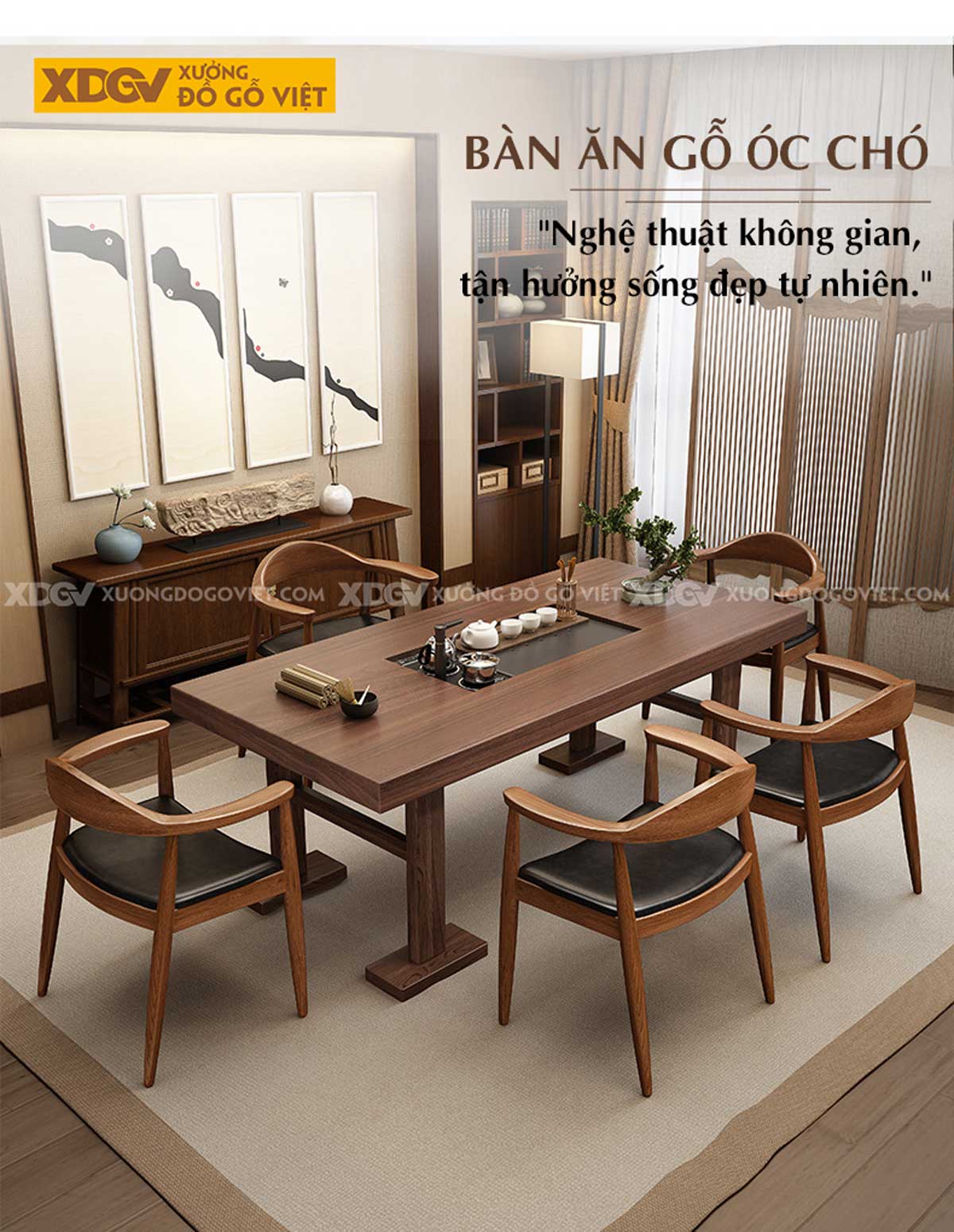 Bộ Bàn Ăn Gỗ Óc Chó Thiết Kế Cách Điệu Chân Chữ I Sang Trọng