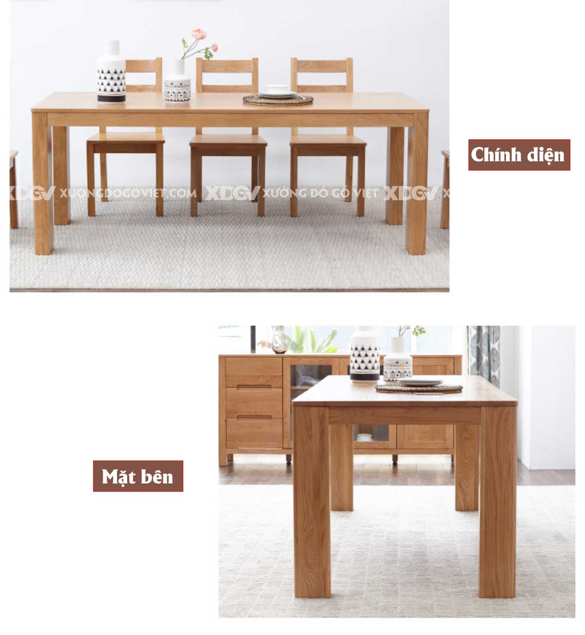 Bộ Bàn Ăn Gỗ Sồi Đẹp Farmhouse Nguyên Tấm Vững Chãi Mộc Mạc