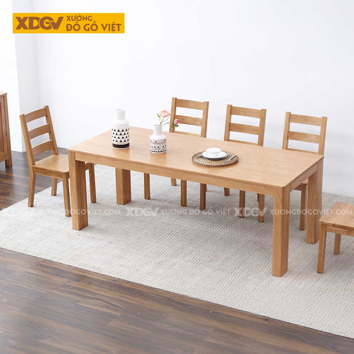 Bộ Bàn Ăn Gỗ Sồi Đẹp Farmhouse Nguyên Tấm Vững Chãi Mộc Mạc