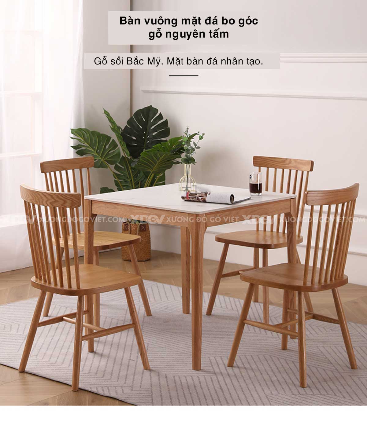 Bộ Bàn Ăn Gỗ Sồi Mặt Đá Vuông Trắng Bắc Âu Ghế Thanh Nan