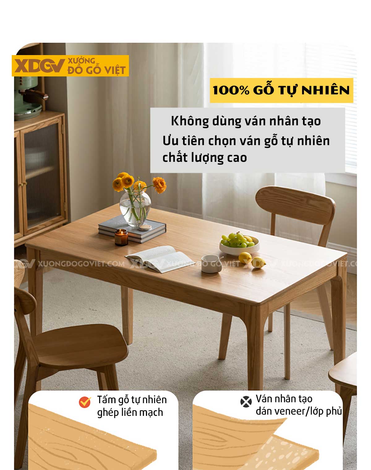 Bộ Bàn Ăn Gỗ Sồi Mỹ 4 Ghế Phong Cách Bắc Âu Kết Hợp Nhật Bản