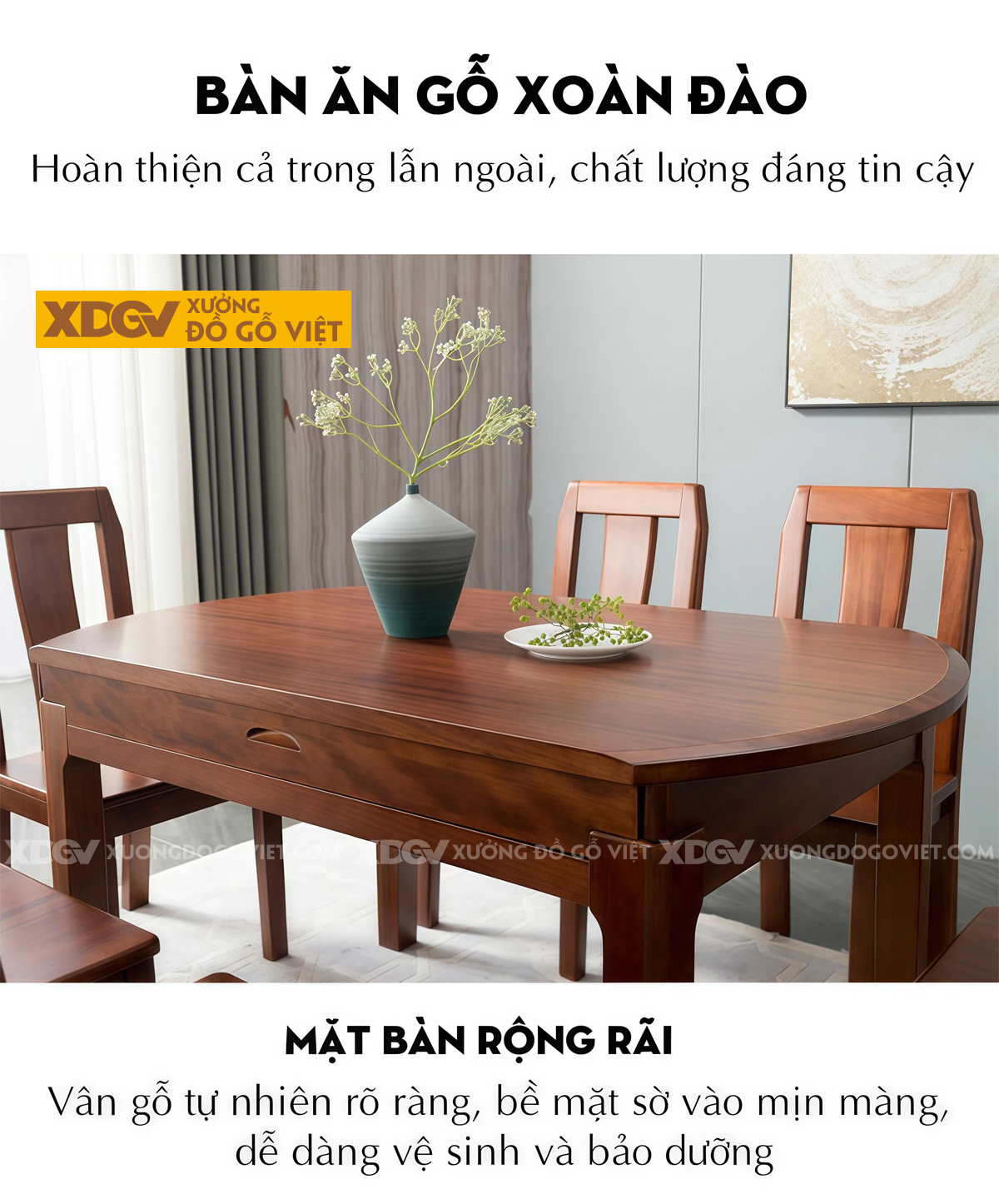 Bộ Bàn Ăn Gỗ Xoan Đào Bàn Tròn Hiện Đại Mở Rộng Thông Minh