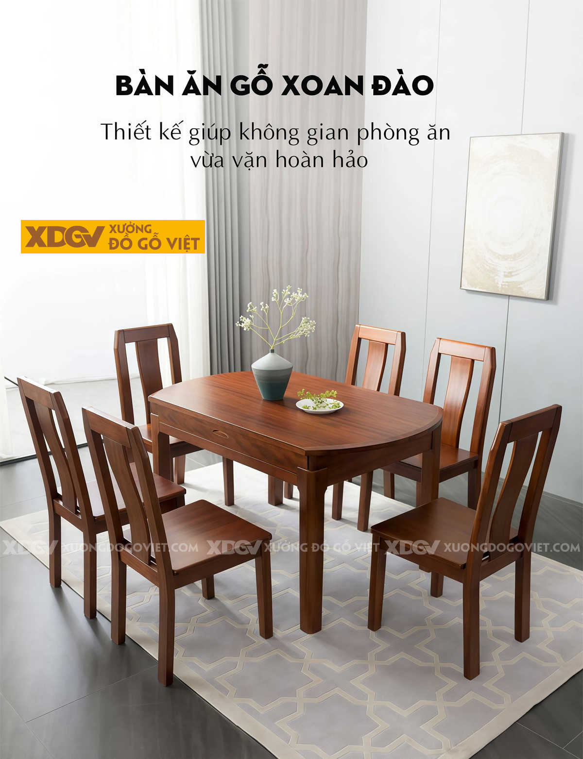 Bộ Bàn Ăn Gỗ Xoan Đào Bàn Tròn Hiện Đại Mở Rộng Thông Minh