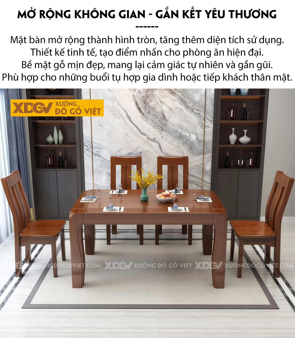Bộ Bàn Ăn Phòng Bếp Gỗ Căm Xe Thiết Kế Bàn Bo Góc An Toàn
