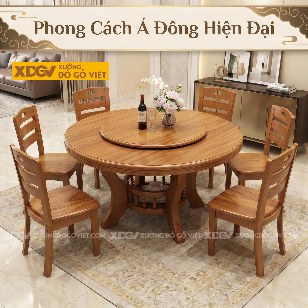 Bộ Bàn Ăn Phòng Bếp Gỗ Gõ Đỏ Mâm Xoay Chân Cong Nghệ Thuật