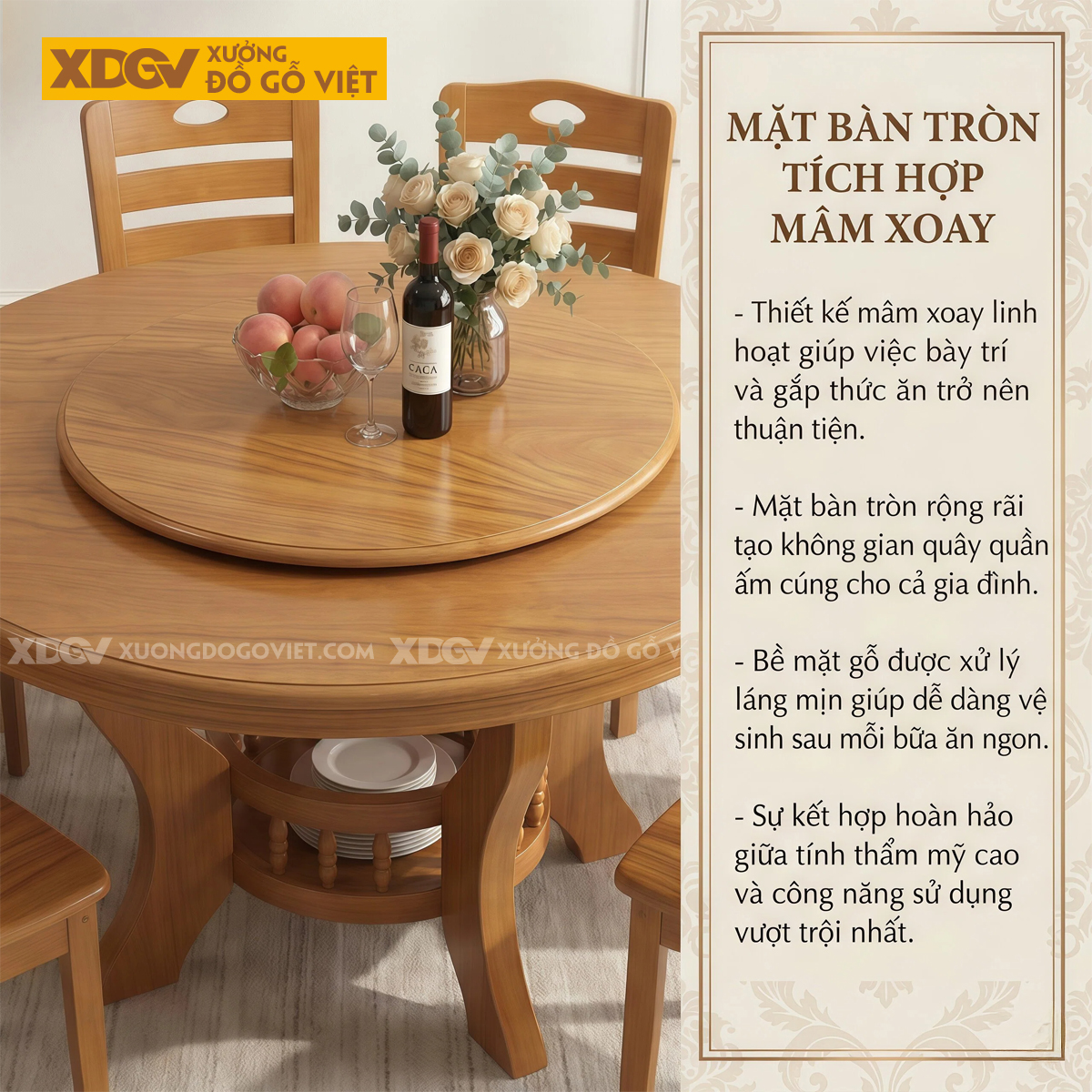 Bộ Bàn Ăn Phòng Bếp Gỗ Gõ Đỏ Mâm Xoay Chân Cong Nghệ Thuật