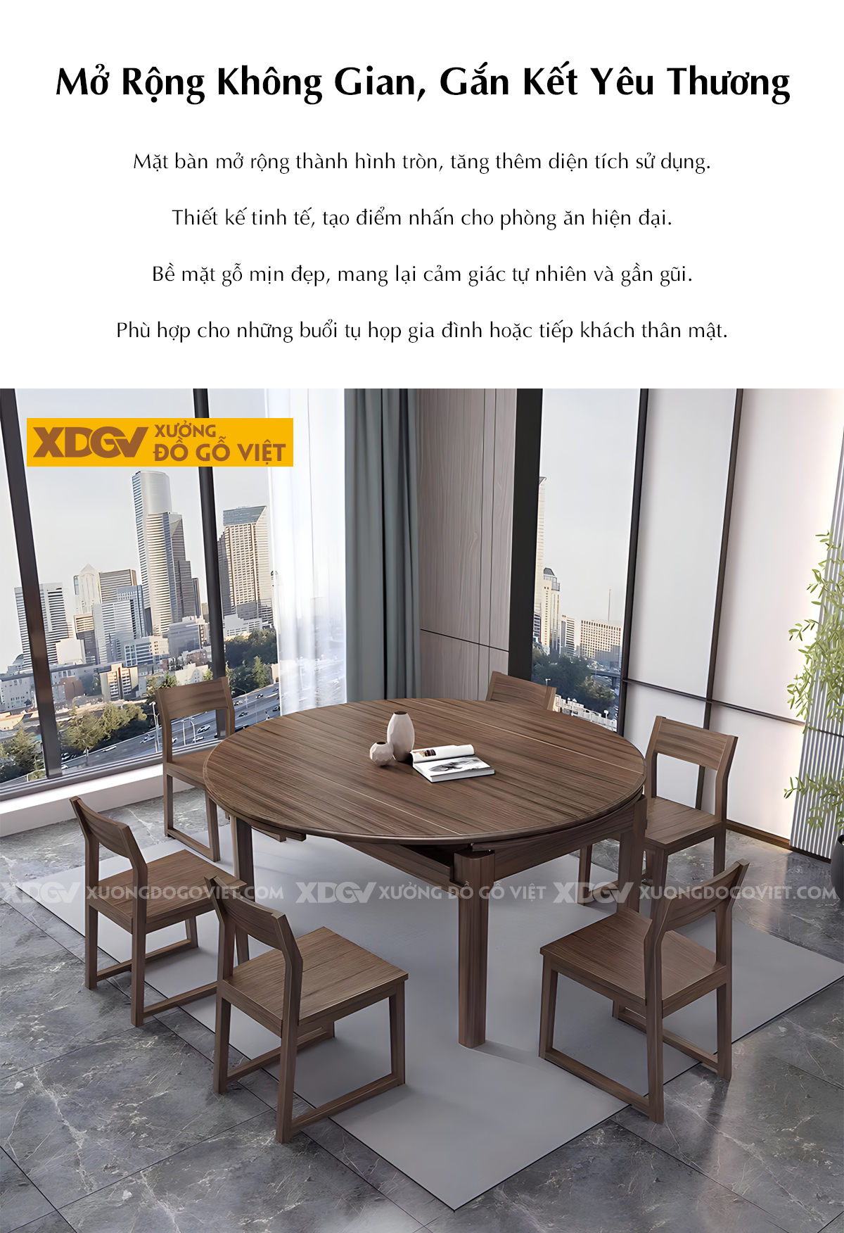 Bộ Bàn Ăn Phòng Bếp Gỗ Óc Chó Cơ Chế Mở Rộng Linh Hoạt