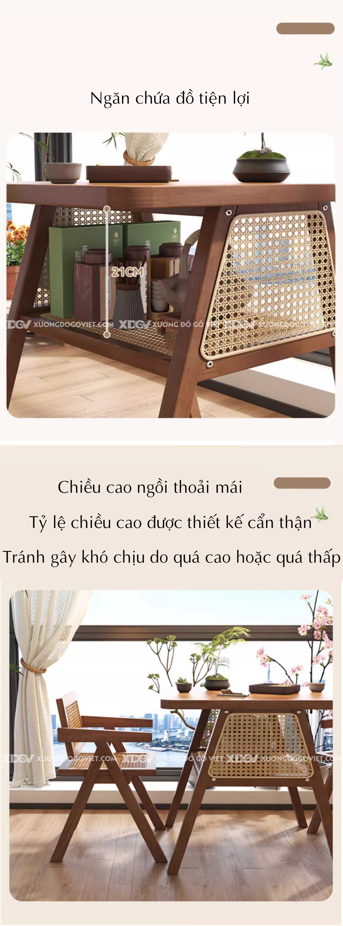 Bộ Bàn Ăn Thông Minh Gỗ Sồi Japandi Ghế Đan Mây Chân Chữ A