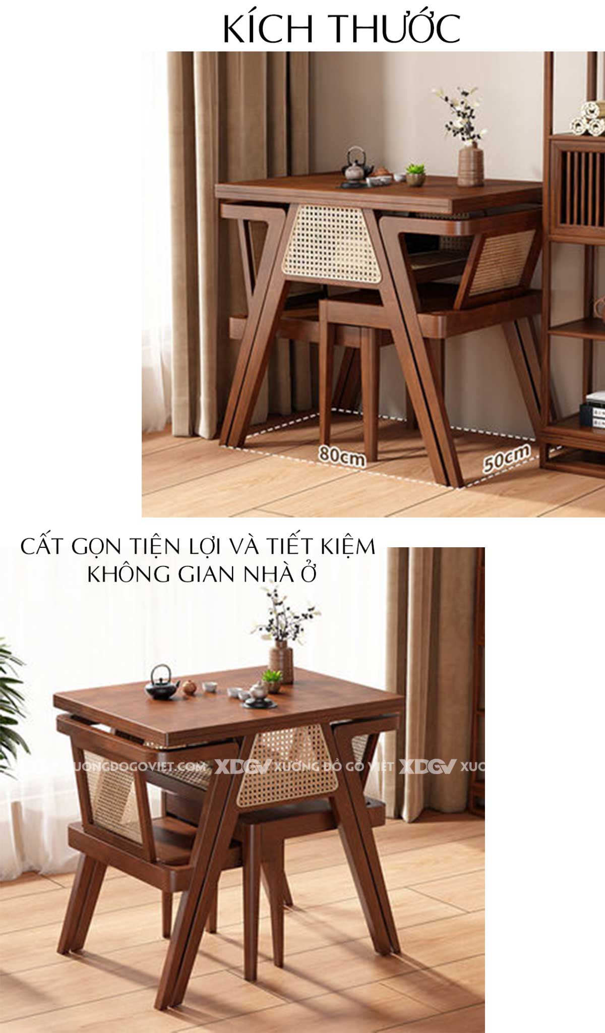 Bộ Bàn Ăn Thông Minh Gỗ Sồi Japandi Ghế Đan Mây Chân Chữ A