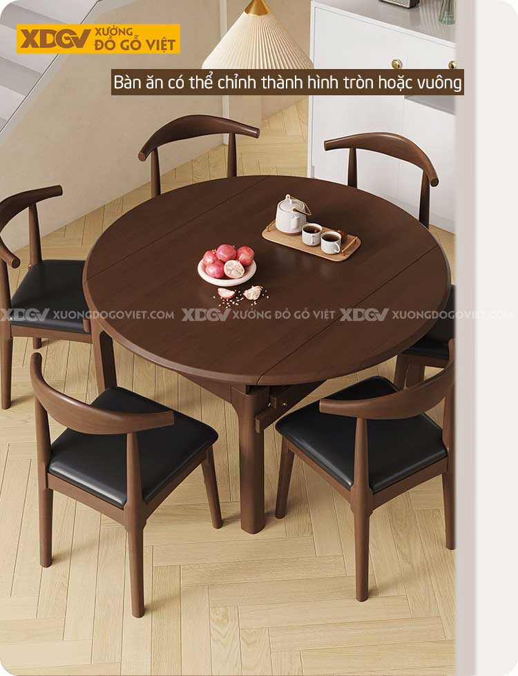 Bộ Bàn Ăn Tròn Có Thể Gập Vuông Gỗ Sồi 6 Ghế (1).jpg