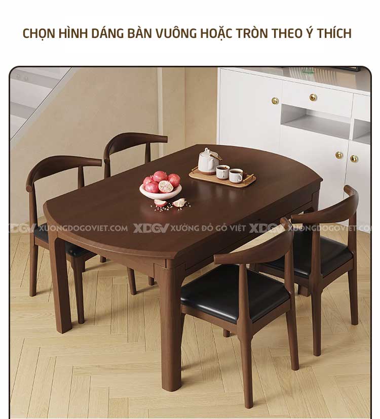 Bộ Bàn Ăn Tròn Có Thể Gập Vuông Gỗ Sồi 6 Ghế (2).jpg