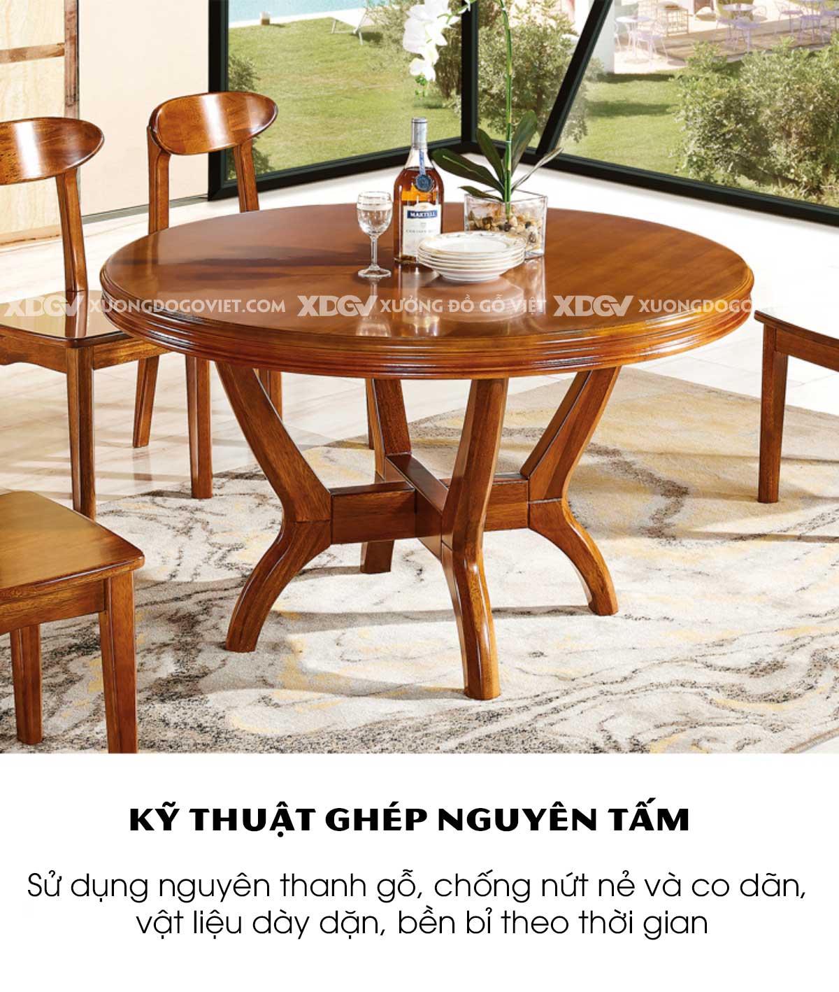 Bộ Bàn Ăn Tròn Gỗ Gõ Đỏ Á Đông Chân Trụ Tựa Ghế Quạt