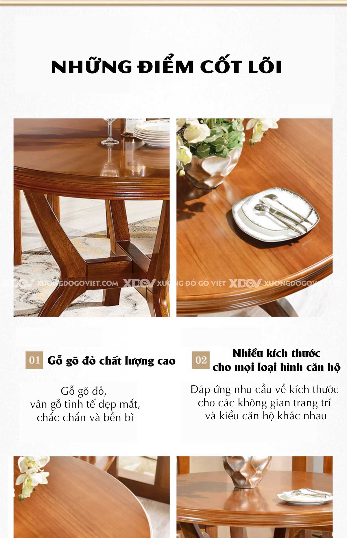 Bộ Bàn Ăn Tròn Gỗ Gõ Đỏ Á Đông Chân Trụ Tựa Ghế Quạt