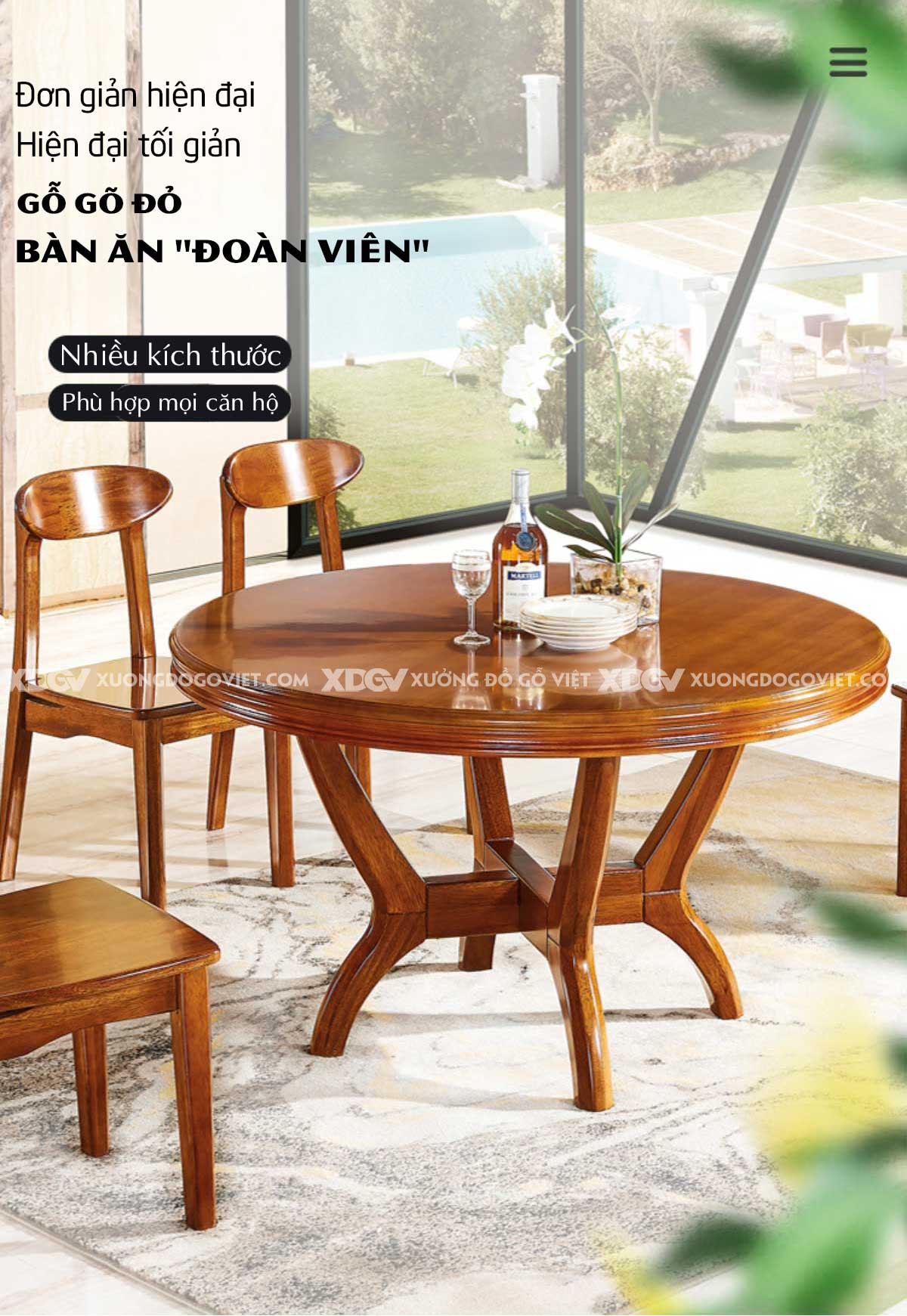 Bộ Bàn Ăn Tròn Gỗ Gõ Đỏ Á Đông Chân Trụ Tựa Ghế Quạt
