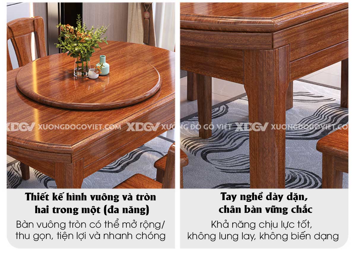 Bộ Bàn Ăn Tròn Gỗ Gõ Đỏ Thông Minh Gập Chữ Nhật Linh Hoạt