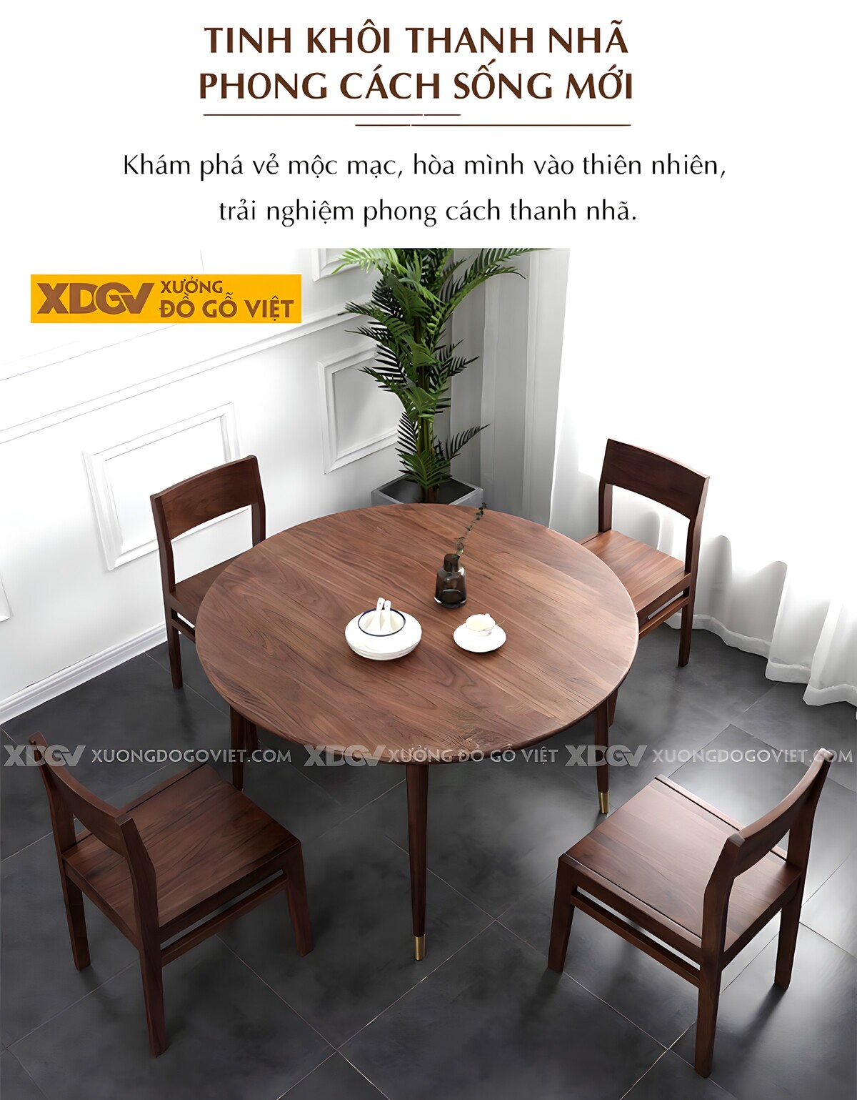 Bộ Bàn Ăn Tròn Gỗ Óc Chó Bắc Âu Tối Giản Chân Bọc Kim Loại