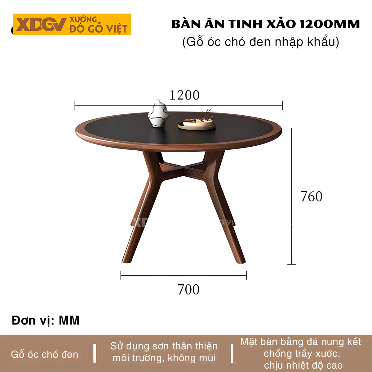Bộ Bàn Ăn Tròn Gỗ Óc Chó Hiện Đại Điêu Khắc Mặt Đá Nung Đen